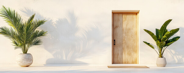 A wooden door framed by lush potted plants casts shadows on a light-colored wall, creating a serene entrance scene.