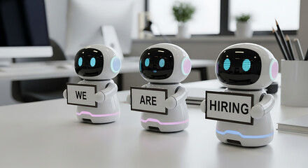 Robots Hiring Concept – Futuristic Recruitment Copy Space Poster, robot hiring, futuristic recruitment, AI hiring, recruitment poster, hiring concept, copy space design, robot workforce, digital hire
