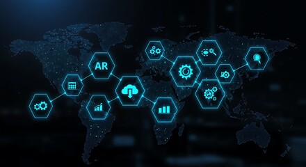 Digital world map displaying interconnected industry 40 technologies like ar, cloud, and ai, signifying global integration