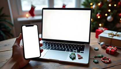 Christmas holiday scene with laptop and smartphone mockup on wooden table