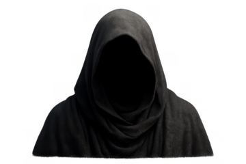 Faceless dark hooded figure on transparent background portraying mystery, anonymity, and grim reaper concepts