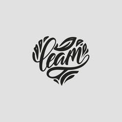 Elegant heartshaped lettering design with leaves on a light gray background