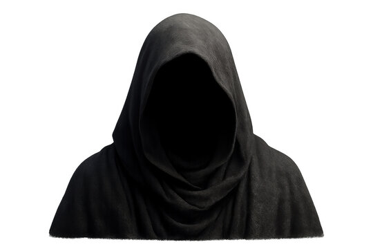 Faceless dark hooded figure on transparent background portraying mystery, anonymity, and grim reaper concepts