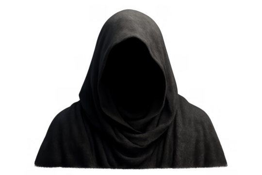 Faceless dark hooded figure on transparent background portraying mystery, anonymity, and grim reaper concepts