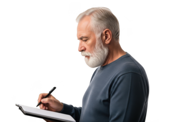 Elderly man with white beard and blue shirt writing on a clipboard with a pen isolated on transparent background