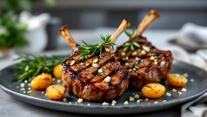 Two gourmet grilled tomahawk pork chops garnished with rosemary and garlic, served with roasted potatoes on a dark plate.