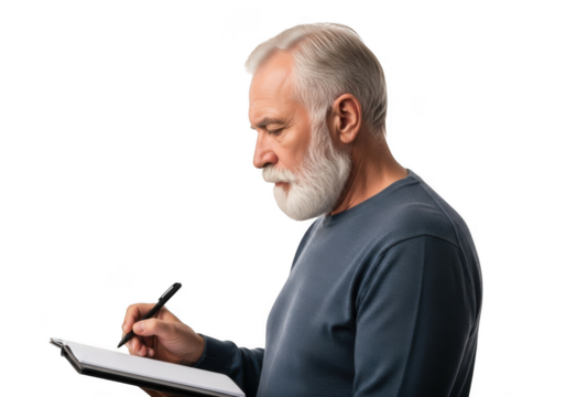 Elderly man with white beard and blue shirt writing on a clipboard with a pen isolated on transparent background - Powered by Adobe