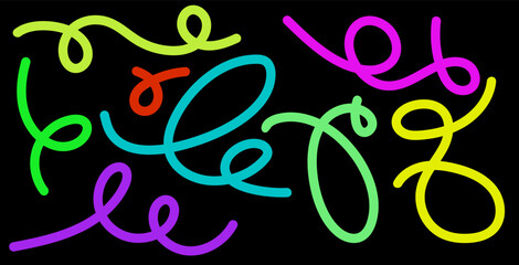 Colorful abstract swirl doodle lines, handdrawn  a playful vector kids illustration on black background perfect for modern design projects