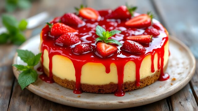 A delicious whole strawberry cheesecake with a dripping red glaze, fresh berries, and mint garnish on a rustic plate.