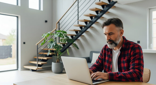 Middle-aged Man Working Remotely on Laptop at Home