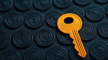 A vibrant orange key rests on a textured black surface, featuring circular patterns, symbolizing access and security.