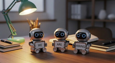 Robots Hiring Concept – Futuristic Recruitment Copy Space Poster, robot hiring, futuristic recruitment, AI hiring, recruitment poster, hiring concept, copy space design, robot workforce, digital hire
