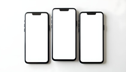 Three smartphones with blank screens on a white background, top view