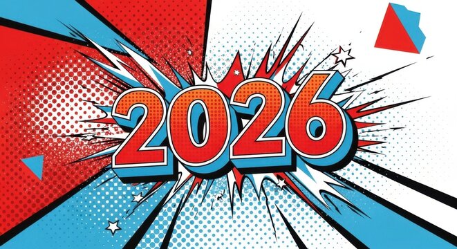 Explosive Year 2026 Celebration Comic Book Style Design
