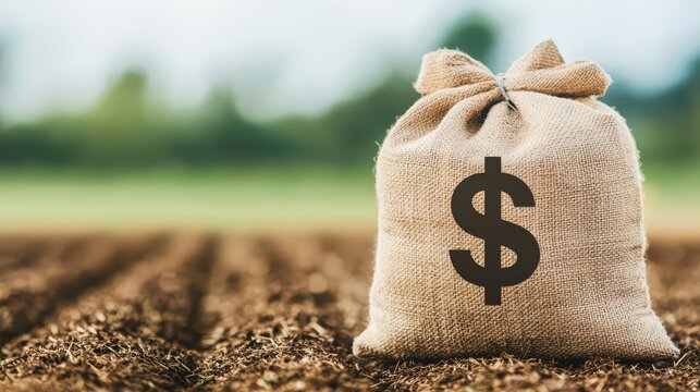 A burlap sack with a dollar sign sits on freshly plowed soil, symbolizing agriculture and finance's connection.