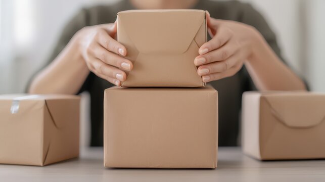 A person is stacking brown parcels on a table, showcasing a neat arrangement of packaged items ready for shipping or delivery.