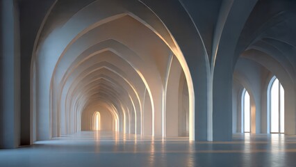 Obraz premium Elegant architectural corridor with organic arches, subtle gradients of light, and harmonious symmetrical composition. 