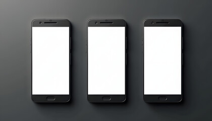 Three smartphones with blank screens on a dark gray background