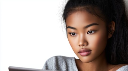 Young woman focused on her laptop, engaged in online studies in a cozy space