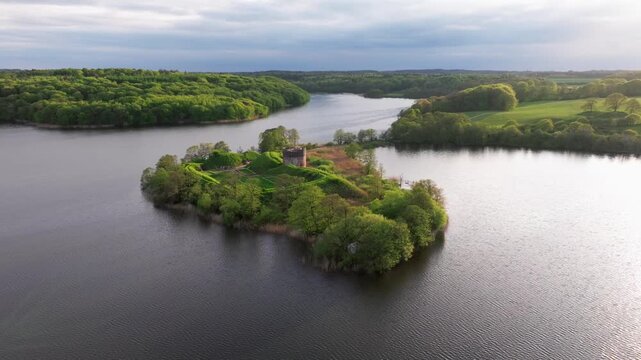 Hald Ruin, Viborg, Denmark, Summer panorama of Viborg, Midtjylland, Denmark. Aerial skyline view of the old town. View over Hald Lake from Dollerup bakker, cenic view of lake against sky, lake