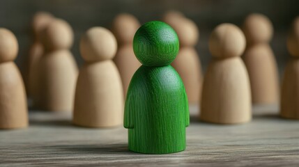 A vibrant green wooden figure stands out among a group of neutral-toned figures, symbolizing individuality and distinction.