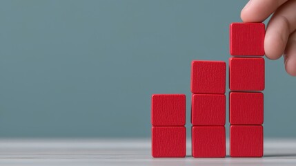A hand arranges red blocks in a stacked formation against a light blue background, symbolizing growth or progress.