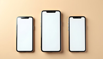 Three smartphones with blank screens on a neutral background, top view