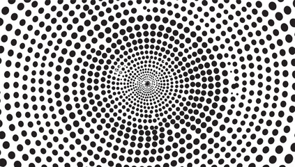 Black and white radial halftone pattern of concentric circles with a vortex effect abstract background