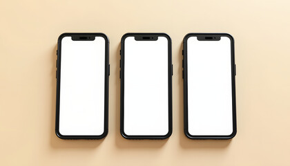 Three smartphones with blank screens on a neutral background