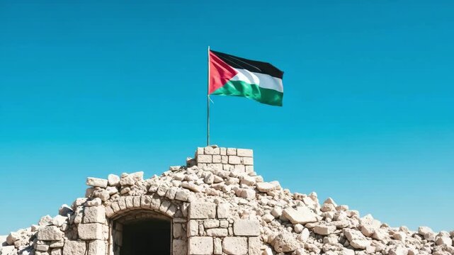 Palestinian flag waving atop stone structure against blue sky day