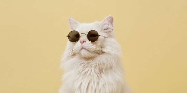 Cool white cat wearing sunglasses against a yellow background showing stylish attitude