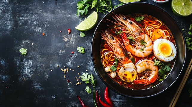 Delicious bowl of spicy shrimp noodle soup garnished with fresh herbs, lime wedges, and chili peppers, showcasing vibrant colors and textures in a culinary masterpiece