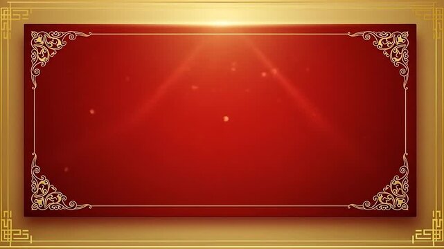Elegant red backdrop adorned with a sophisticated golden ornamental frame, enhanced by shimmering light particles and lens flares, perfect for festive occasions and formal announcements