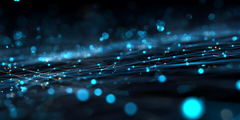 Soft blue particle network field with glowing data points and abstract digital depth blur
