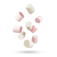 Fresh mallows flying in air on white background