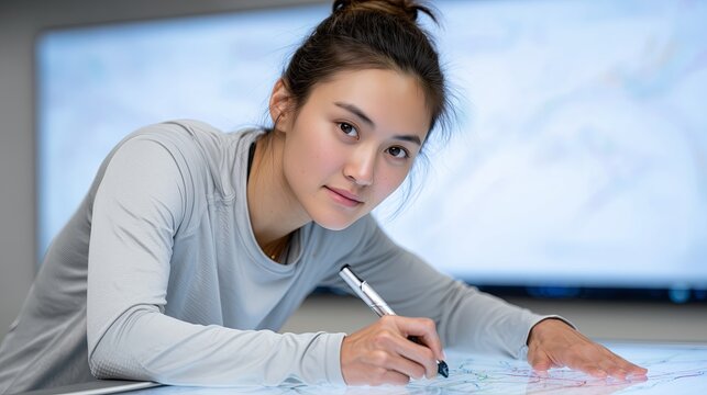 Young woman working intently on a digital drawing at a creative studio