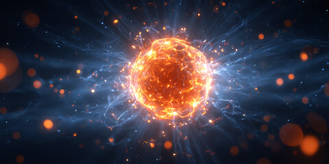 Dynamic plasma burst forming bright fiery energy sphere in deep cosmic space background