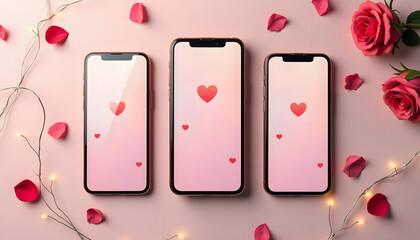 Valentine's Day concept with smartphones, roses, and heart-shaped icons