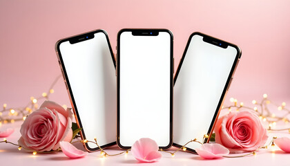 Three smartphones with blank screens, roses, and fairy lights on a pink background