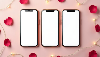 Three smartphones with blank screens, rose petals, and fairy lights on pink background