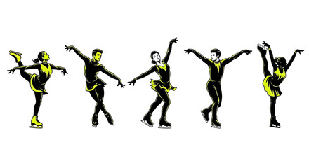 Dynamic figure skaters performing elegant routines on ice, showcasing athleticism and artistry in bright lighting, perfect for sports or entertainment concepts