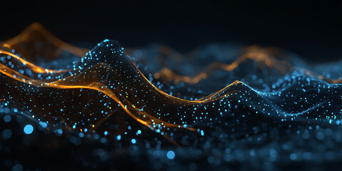 Dual tone data waves with blue and orange particle networks flowing across dark background