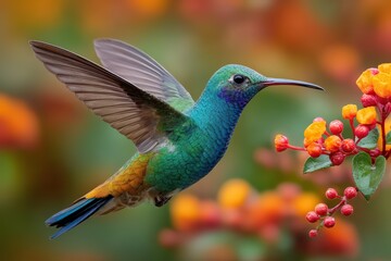 Fototapeta premium Colorful Rufous Hummingbird in Flight with Vibrant Green and Yellow Feathers