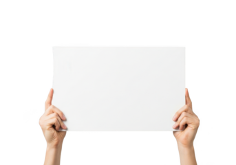 Two hands holding a blank white rectangular sign or poster with a dark background isolated on transparent background