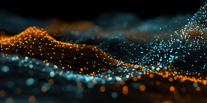 Abstract orange and blue data landscape made of glowing particles and network mesh waves
