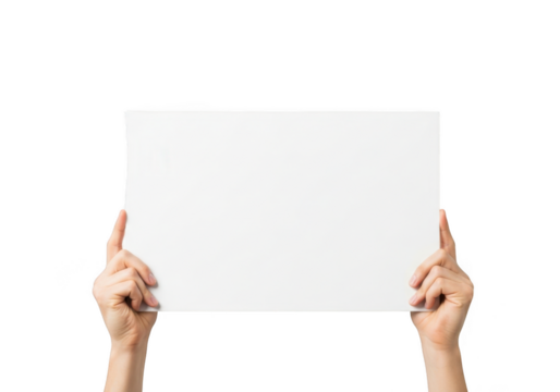 Two hands holding a blank white rectangular sign or poster with a dark background isolated on transparent background - Powered by Adobe