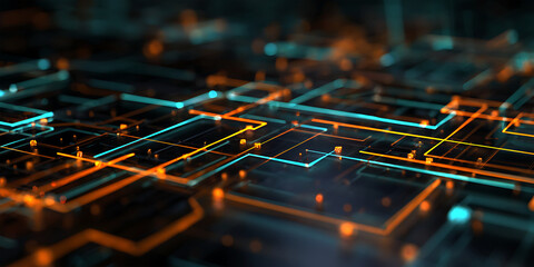 Futuristic particle mesh landscape with orange and blue networks over dark deep background