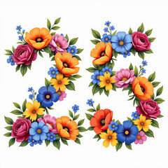 Vibrant floral arrangement creating the number 25, perfect for a birthday card on a white background, featuring various colorful flowers and lush green leaves.
