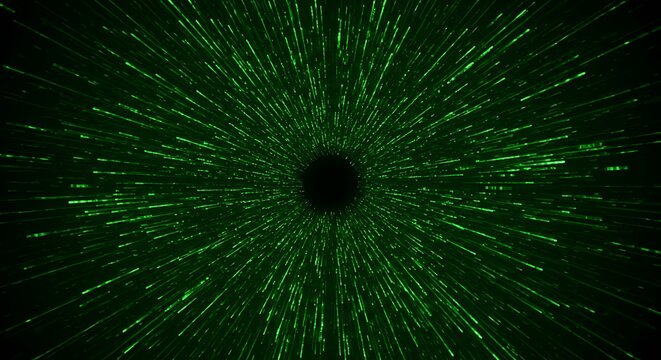 Warp speed tunnel effect with green glowing light streaks, symbolizing fast travel, hyperspace, or data transmission