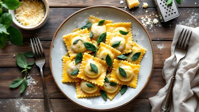 A delicious plate of homemade ravioli pasta garnished with fresh basil leaves and grated parmesan cheese on a rustic wooden table.